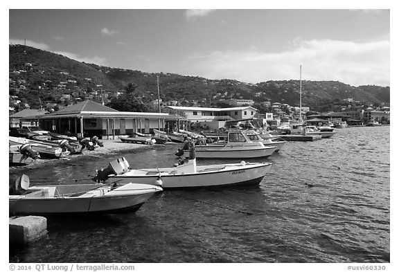 Fishing boats, Frenchtown harbor. Saint Thomas, US Virgin Islands (black and white)