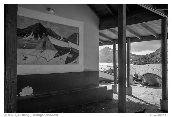 Mural decor and Hassel Island. Saint Thomas, US Virgin Islands (black and white)