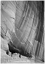 White House Ancestral Pueblan ruins and wall with desert varnish. Canyon de Chelly  National Monument, Arizona, USA ( black and white)