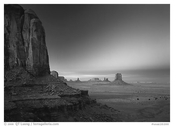 View from North Window at dusk. Monument Valley Tribal Park, Navajo Nation, Arizona and Utah, USA (black and white)