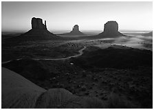 Mittens, sunrise. Monument Valley Tribal Park, Navajo Nation, Arizona and Utah, USA ( black and white)