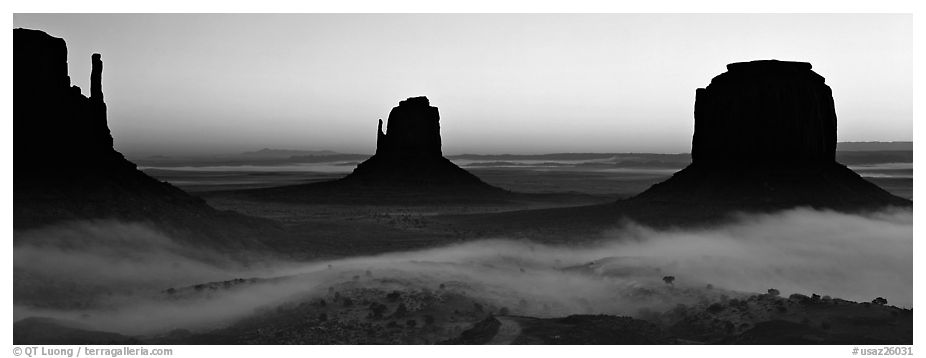 Monument Valley mittens at sunrise with fog. Monument Valley Tribal Park, Navajo Nation, Arizona and Utah, USA (black and white)