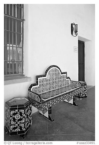 Ceramic bench in the courtyard, San Xavier del Bac Mission. Tucson, Arizona, USA (black and white)