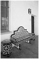 Ceramic bench in the courtyard, San Xavier del Bac Mission. Tucson, Arizona, USA ( black and white)
