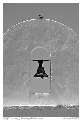 Bell, San Xavier del Bac Mission (the White Dove of the Desert). Tucson, Arizona, USA (black and white)