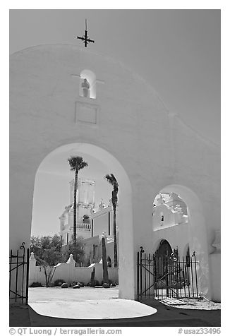Arches and North Court, San Xavier del Bac Mission. Tucson, Arizona, USA (black and white)