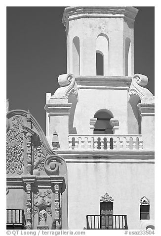 Facade detail and tower, San Xavier del Bac Mission. Tucson, Arizona, USA (black and white)