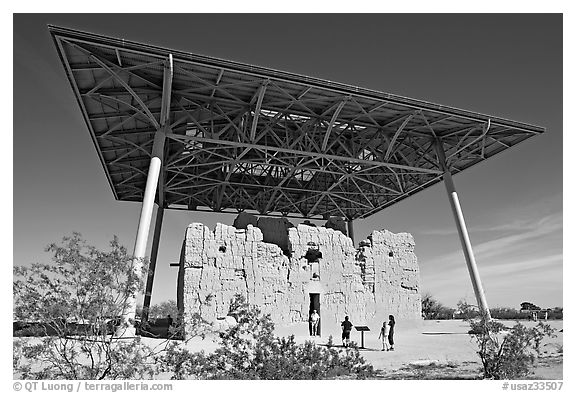 Hohokam house, Casa Grande Ruins National Monument. Arizona, USA (black and white)