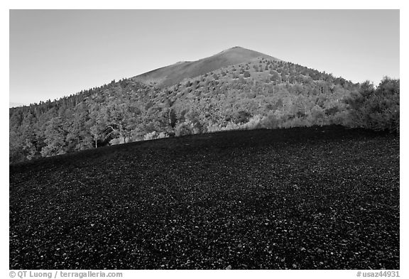 Cinder and Sunset Crater at sunrise. Sunset Crater Volcano National Monument, Arizona, USA (black and white)