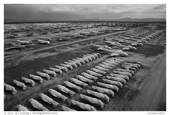 Aerial view of Davis Monthan Airforce Boneyard. Tucson, Arizona, USA (black and white)