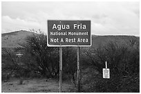 National Monument not a rest area sign. Agua Fria National Monument, Arizona, USA ( black and white)