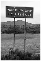 Public Lands not a rest area sign. Agua Fria National Monument, Arizona, USA ( black and white)