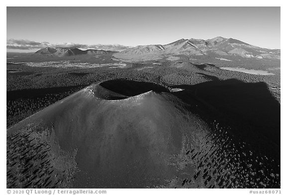 Aerial View of Sunset Crater and San Francisco Mountains. Sunset Crater Volcano National Monument, Arizona, USA (black and white)