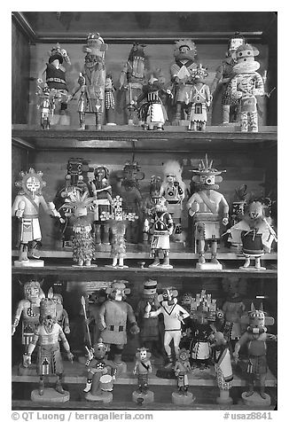 Ritual Hopi Kachina figures. Hubbell Trading Post National Historical Site, Arizona, USA (black and white)