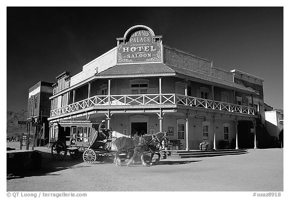 Horse carriage and saloon, Old Tucson Studios. Tucson, Arizona, USA (black and white)
