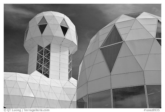 Tower and dome. Biosphere 2, Arizona, USA (black and white)