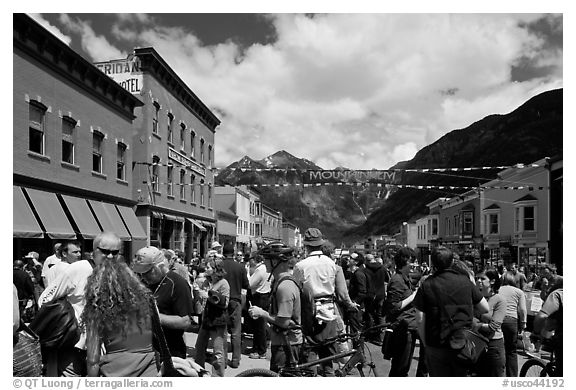 Crowds on main street during Mountain film festival. Telluride, Colorado, USA (black and white)