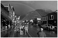 Colorado street with stormy sky and rainbow. Telluride, Colorado, USA (black and white)