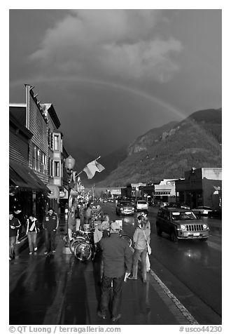 Main street sidewalk and rainbow. Telluride, Colorado, USA (black and white)