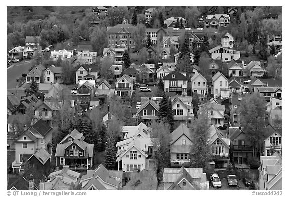 School and houses seen from above. Telluride, Colorado, USA (black and white)