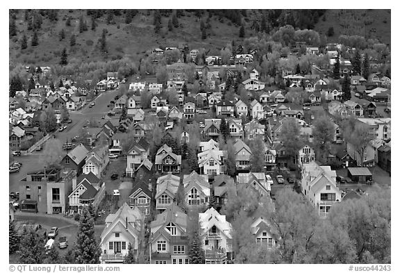 Town seen from above. Telluride, Colorado, USA (black and white)