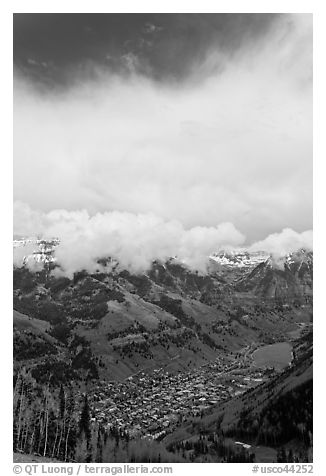 Valley and town seen from above in spring. Telluride, Colorado, USA (black and white)