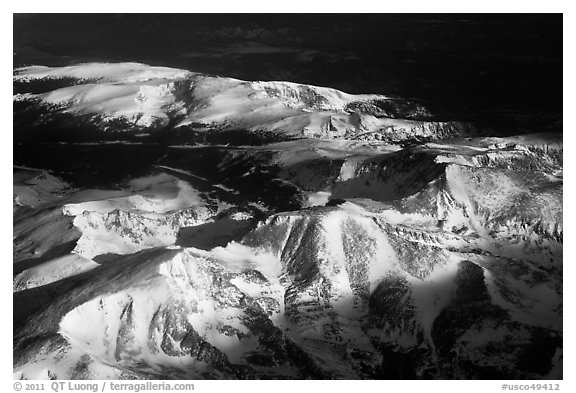 Aerial view of Rocky Mountains with snow. Colorado, USA (black and white)
