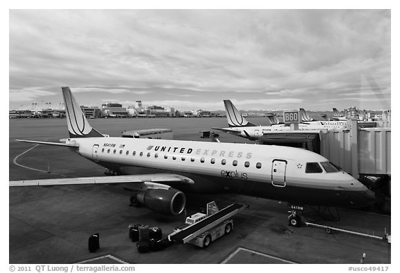 Regional planes, Denver International Airport. Colorado, USA (black and white)