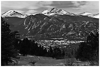 View of town nested below Rocky Mountains, Estes Park. Colorado, USA (black and white)