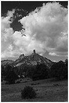 Afternoon clouds over rocks. Chimney Rock National Monument, Colorado, USA (black and white)