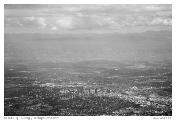 Aerial view of Denver and front range. Colorado, USA (black and white)
