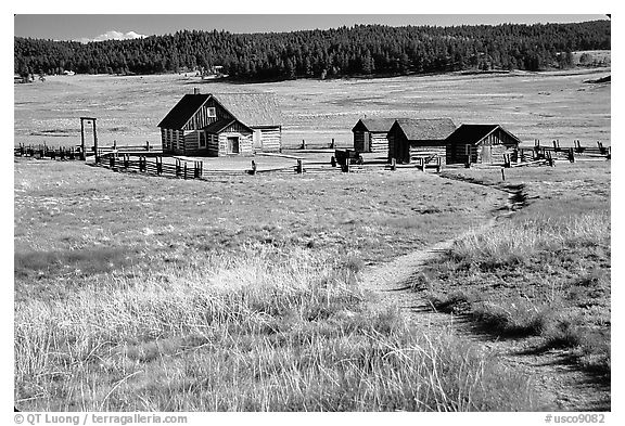 Historic barns,  Florissant Fossil Beds National Monument. Colorado, USA (black and white)