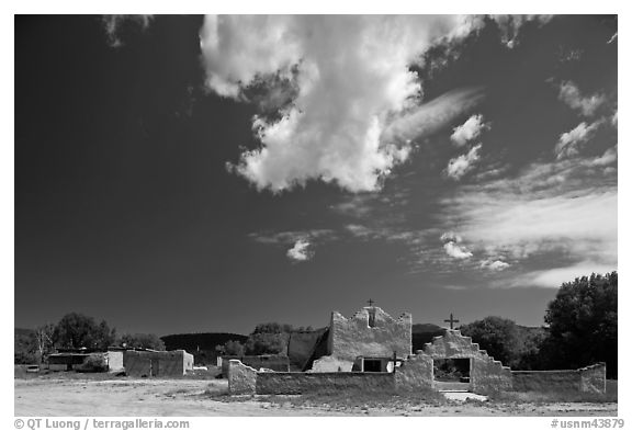 Picuris Pueblo and church. New Mexico, USA (black and white)