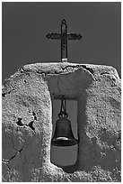 Bell, Cross and adobe wall,  San Lorenzo Church,. New Mexico, USA (black and white)