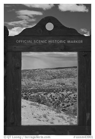 Scenery framed by historic marker. New Mexico, USA (black and white)