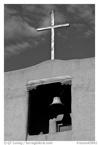 Bell tower, Chapel de San Miguel. Santa Fe, New Mexico, USA (black and white)