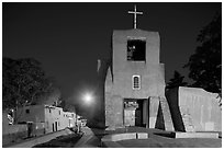 Oldest church and house in the US by night. Santa Fe, New Mexico, USA (black and white)