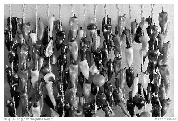 Ceramic peppers for sale. Santa Fe, New Mexico, USA (black and white)