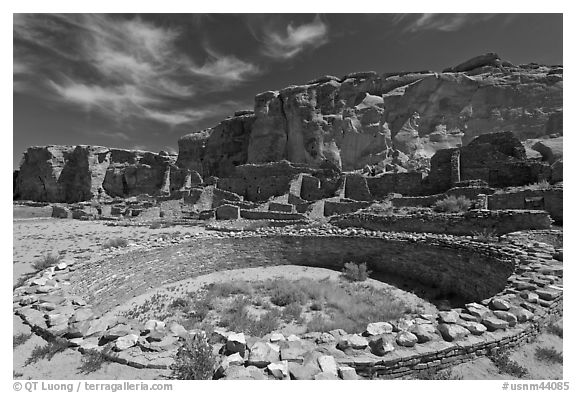 Ceremonial Kiva in Pueblo Bonito. Chaco Culture National Historic Park, New Mexico, USA (black and white)