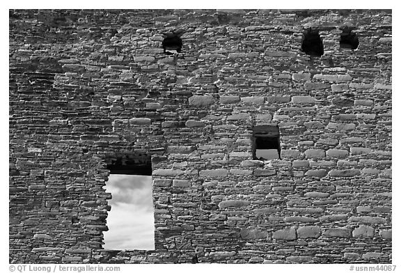 Masonery wall with openings. Chaco Culture National Historic Park, New Mexico, USA (black and white)