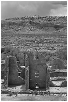 Ruined pueblo and cottonwoods trees. Chaco Culture National Historic Park, New Mexico, USA ( black and white)