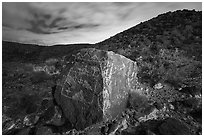 Large rock covered with petroglyphs on both sides, Petroglyph National Monument. New Mexico, USA ( black and white)