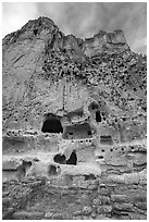 Cliff with multistory dwellings foundations and cavates. Bandelier National Monument, New Mexico, USA ( black and white)