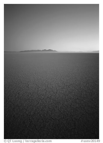 Flat playa with thin mud cracks, Black Rock Desert. USA (black and white)