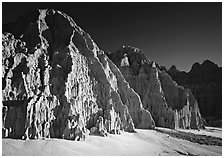 Cathedral-like spires and buttresses, Cathedral Gorge State Park. Nevada, USA (black and white)