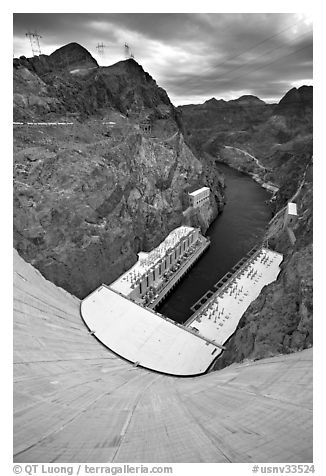Power plant and Black Canyon seen from top of dam. Hoover Dam, Nevada and Arizona (black and white)