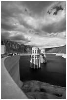 Dam and intake towers. Hoover Dam, Nevada and Arizona ( black and white)