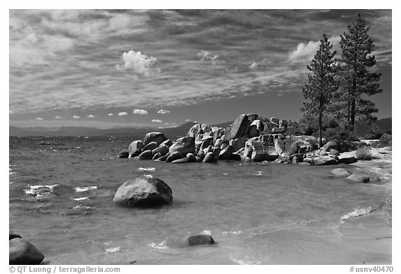 Beach and rocks, Lake Tahoe-Nevada State Park, Nevada. USA (black and white)