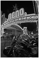 Motorbikes and neon sign at night. Reno, Nevada, USA (black and white)