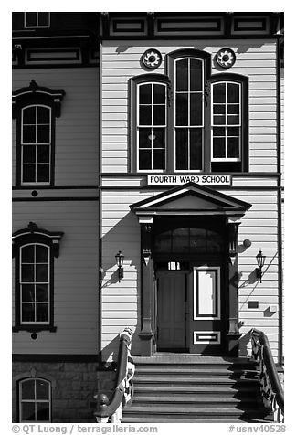 Fourth ward school entrance. Virginia City, Nevada, USA (black and white)